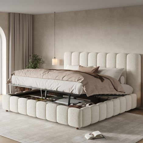 Lit coffre 180x200 cm, rangement hydraulique, tête de lit, en tissu, blanc, sans matelas (1/5)