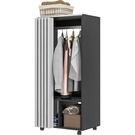 Armoire penderie mobile avec rideau et tringle de suspension en panneaux de particules noire pour un rangement optimal (1/5)