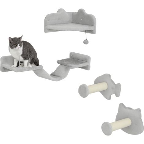 Ensemble d’escalade murale pour chat : 2 marches (chat‑poisson), plateforme‑escalier, plateforme d’angle, peluche douce, poteaux sisal, jouet balle, max 5 kg, montage mural requis (1/5)