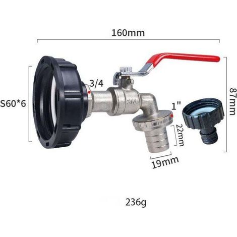 Rubinetto serbatoio 1000L adattatore IBC 3/4" - Doppio rubinetto ottone, filettatura 60 mm (1/3)