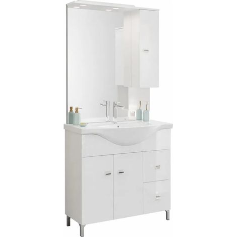 Badmöbelset mit 2 Türen, 2 Schubladen, 86 cm Waschbecken und Spiegelschrank rechts