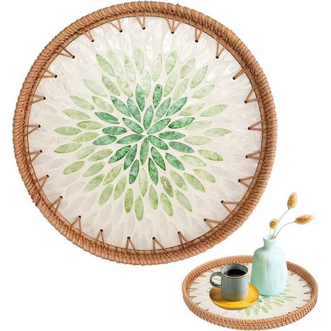 Round Rattan Coffee Table Tray with Mother of Pearl, Decorative Wicker Baskets for Home Decoration, Storage and Display, Woven Tray for Breakfast Fruit Food (1/5)