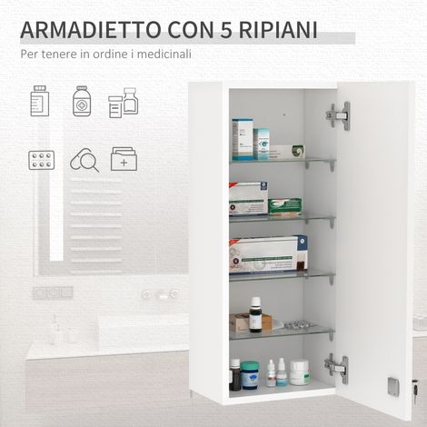 Armoire murale de salle de bain blanche 30x20x70 cm, 5 étagères et tablettes ajustables, en verre et bois, avec serrure de sécurité (1/5)
