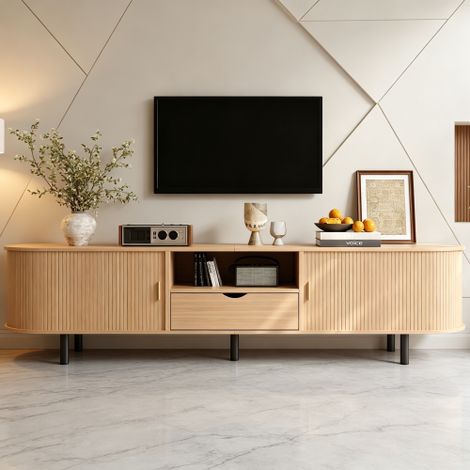 Meuble TV 175x40x55 cm avec 2 Portes Tambour, 1 Tiroir, Niches Ouvertes, Passe-Câbles, MDF, Naturel (1/5)