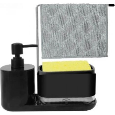 Distributeur de savon double (noir) avec porte-éponge et porte-torchon, distributeur de savon à main et à vaisselle multifonctionnel pour la cuisine, avec plateau. (1/5)