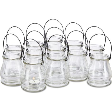 Photophore en Verre, Lot de 12, Petit Vase Rond avec Anse, déco de Table intérieure et extérieure, Transparent (1/5)