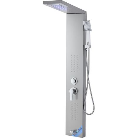 Colonne de douche en acier inoxydable brossé 53", avec pommeau de pluie cascade, LED, robinetterie 5 fonctions, douchette à main et bec de baignoire, fixation murale. (1/5)