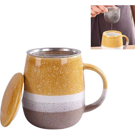 1 Tasse à thé, Infuseur, Couvercle, Céramique 400ml, Glaçure sable, Usage quotidien