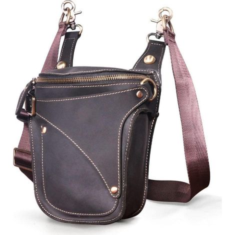 Herren Leder Motorrad Hüfttasche Drop Leg Bag Dunkelschwarz