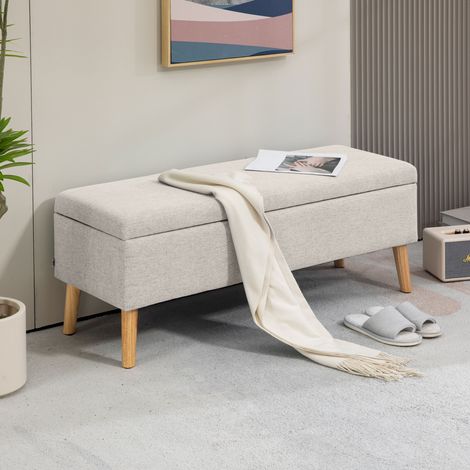 Gepolsterte Aufbewahrungsbank in Leinenoptik für Schlafzimmer, Flur, Wohnzimmer, Tragkraft 220 kg, 110 x 39 x 45 cm, beige