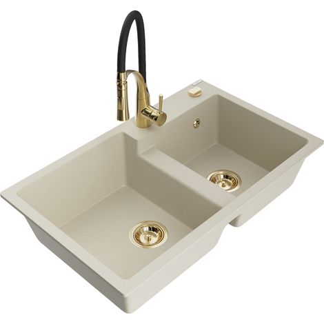 Mexen Tomas évier en granit à 2 bacs avec robinet de cuisine Aster, beige - 6516-69-73450-57-G (1/5)