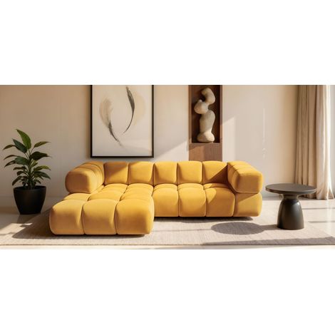 Ecksofa Designersofa BLANCHE in Stoff Bluvel Goldgelb Ottomane Links