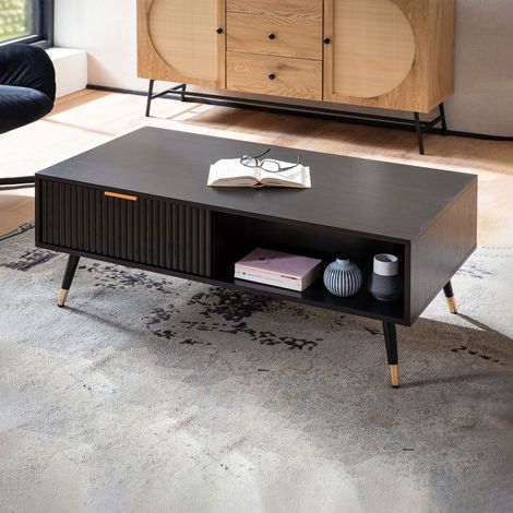 Table basse 2 tiroirs 110x60x43 cm noir et doré - FREDZA