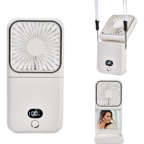 Tragbarer 6-in-1-Mini-Ventilator: Powerbank, Schminkspiegel, Telefonhalter, Taschenventilator, wiederaufladbarer USB-Ventilator, Schreibtischventilator, 5 einstellbare Geschwindigkeiten, Umhängeband (