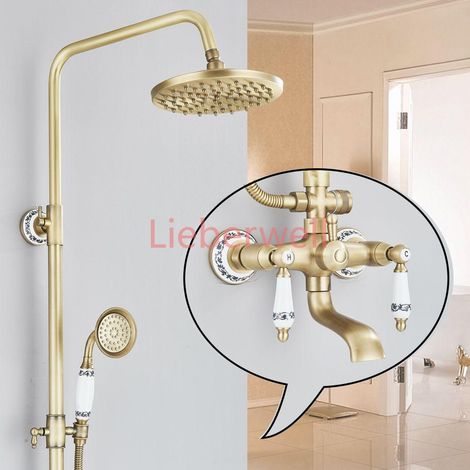Ensemble de robinets de salle de bain et douche en laiton Antique, 8 pouces, support mural à double poignée, étagère de douche à main, systèmes chauds et froids, mélangeur système de douche de pluie (1/5)