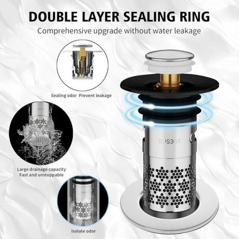 Bouchon Lavabo Pop-Up - Cuivre Et Acier Inoxydable 304 - Chromé - Universel 33-40 mm - Pour Évier Cuisine Et Salle De Bain - Lot De 2 (1/4)