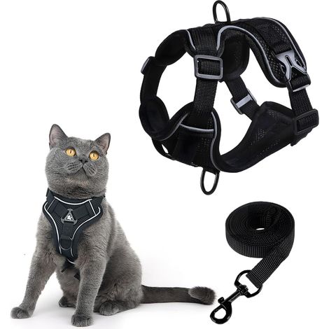 Harnais pour chat avec laisse, collier anti-éclatement avec harnais réglable et laisse, harnais respirant pour chat avec bandes réfléchissantes pour un contrôle facile (S) (1/5)