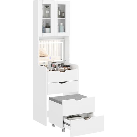 Postazione trucco con luci LED tricolore, specchio, sgabello a scomparsa, panca trucco con sgabello imbottito, 3 cassetti, scomparto, armadietto con frontale in vetro, moderna, bianca