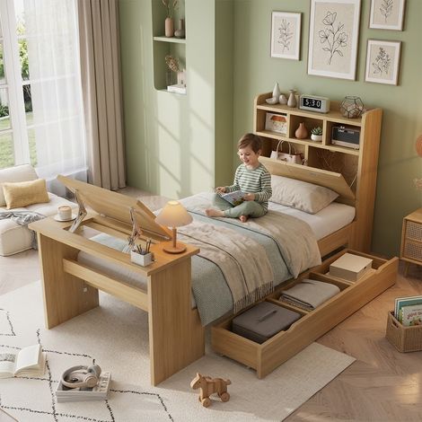 Lit simple enfant 90 x 200 cm avec bureau intégré- niches- rangements- LED- sommier inclus- sans matelas- charge 120 kg- en bois- Bois naturel (1/5)