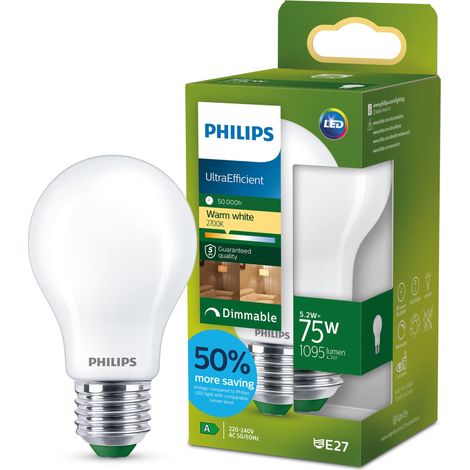 LED UltraEfficient Ampoule Dépolie A60, Culot Edison E27, Classe Énergétique A, 1095 lm, Équivalent 75W, Blanc Chaud (2700K), Gradable, 50 000 Heures, 1 Pack (1/5)