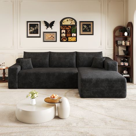 Canapé d'angle 3 places Sans assemblage,Compressé en Velours Côtelé Noir,Chaise longue droite,Style minimaliste moderne,241x151x58cm