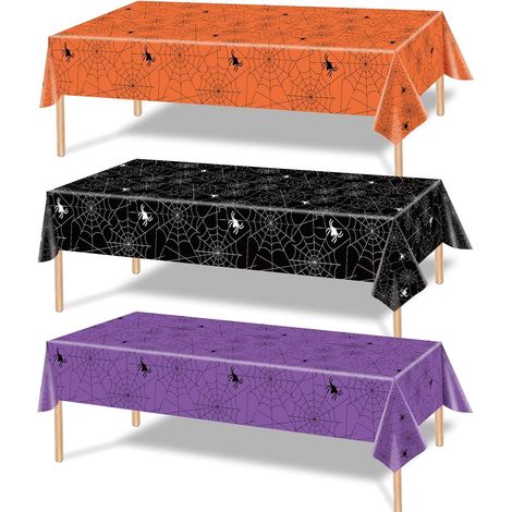 Nappe en plastique 3 pièces motif toile d'araignée 137 x 274 cm - Nappe rectangulaire jetable avec motif araignée et toile, idéale pour Halloween, les fêtes d'anniversaire, les décorations sur le thèm (1/5)