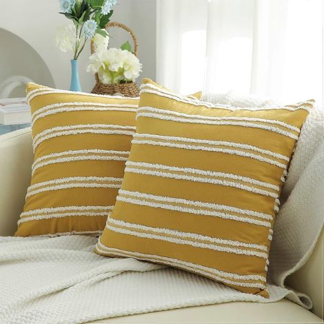 Housses de coussin décoratives bohèmes, rayures neutres, 40 x 40 cm, lot de 2, jaune moutarde, en coton et lin. (1/5)