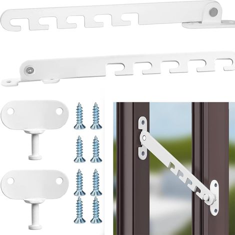 Lot de 2 butées de fenêtre blanches, bloc de fenêtre métallique, butée de porte, verrou de fenêtre avec 8 vis pour ajuster l'ouverture de la fenêtre