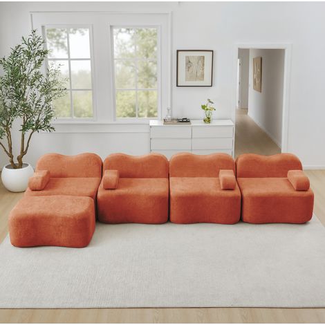 Divano angolare modulare in velluto arancione 4 posti con pouf, design ondulato senza struttura (1/5)