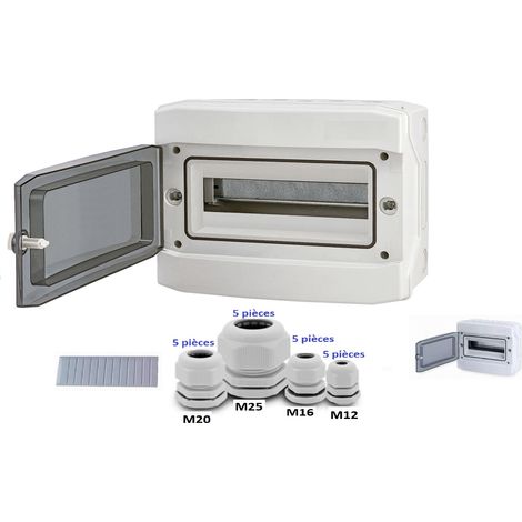 Coffret électrique nu 12 modules apparent IP65 – Avec bornier de terre et neutre – 20 presses-étoupe gris – Dimensions H 259 x L 319 x P 144 mm