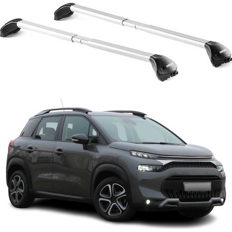 OMAC Barres de toit transversales certifiées TÜV pour Citroën C3 Aircross 2017-2024 – Verrouillables (4 antivols) – Charge max 100 kg – Sangle inox + protection caoutchouc Argent (1/4)