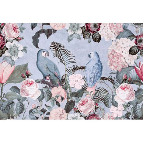 Papier peint panoramique tropical oiseaux Tapisserie panoramique exotique perroquet Papier peint panoramique jungle bleu & rose idéal chambre (1/2)