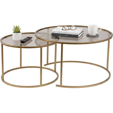 Dmora - Set mit 2 Couchtischen Aedion, Niedriger Wohnzimmertisch, Kaffeeregal, Couchtisch für Sofa, 80x80 h43 cm, Gold und Bronzo