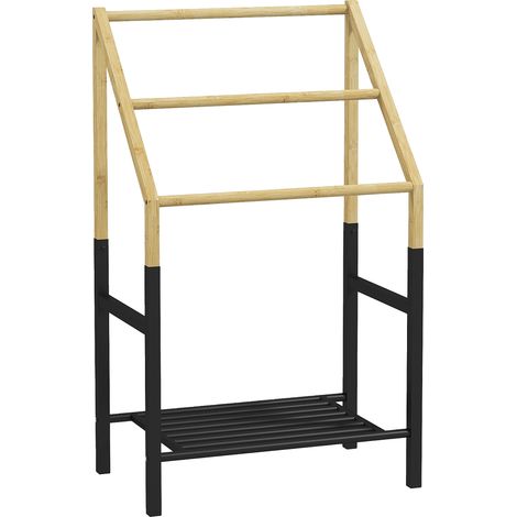 Freistehender Schirmständer mit 3 Stangen und unterer Ablage für Kleinigkeiten, aus Bambus und Stahl, 51 x 31 x 85,5 cm, schwarz-holzfarben