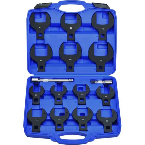 Juego de 16 llaves métricas jumbo de pata de cisne (27-50 mm) fabricadas en acero al carbono de alta resistencia con barras de extensión para uso automotriz, de plomería y de maquinaria. (1/5)