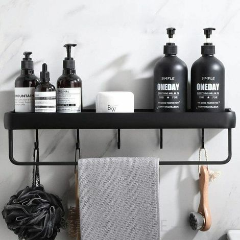 Support de douche sans perage support de salle de bain avec porte-serviettes crochet en aluminium support de rangement pour ensemble de douche et de cuisine 1 pièce noir (1/4)