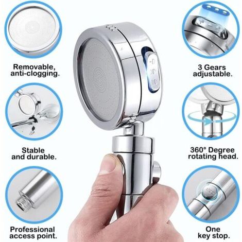 NALOOKAMIC Pommeau de douche à main, 3 modes de douche haute pression, flexible de 1,5 mètre, chromé.
