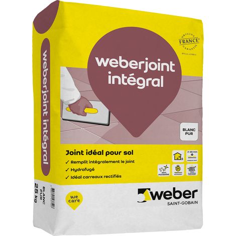 Weber Saint-Gobain Joint carrelage hydrofugé, 25kg, Blanc pur, idéal pour sol et carreaux rectifiés, Weberjoint intégral, de largeur de 2 à 20 mm