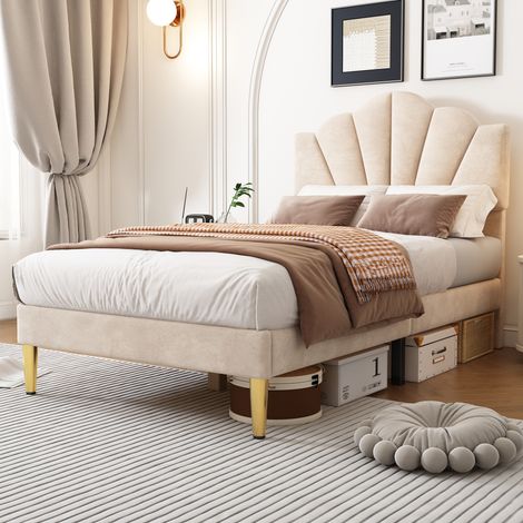 Velvet upholstered 3ft bed, Single Bed, shell-like bed with golden iron legs, wooden slatted frame, Beige, (90x190cm) (1/5)