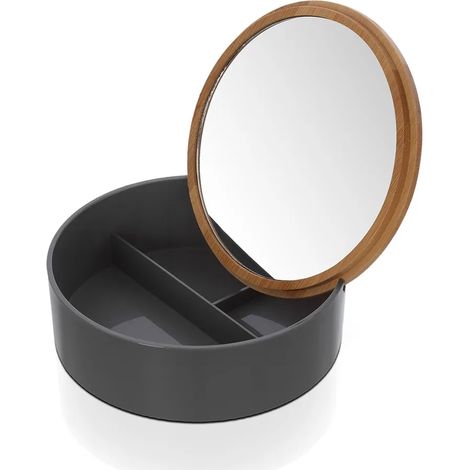 Porta trucchi da bagno tondo in plastica grigia e bambù completo di specchio
