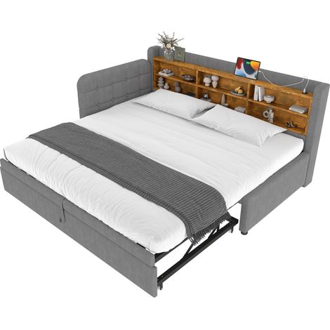 Lit banquette 90x200 extensible avec prises USB et Type C, tête de lit capitonnée, rangements intégrés, style rétro, couleur grise - CHICFURN (1/5)
