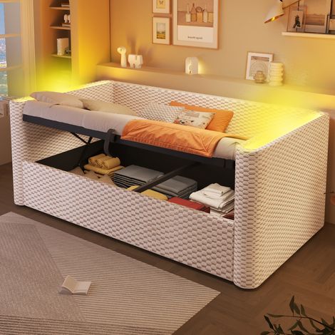 Sofá cama de terciopelo beige 90x200 cm con almacenaje hidráulico, LED y somier de láminas (1/5)