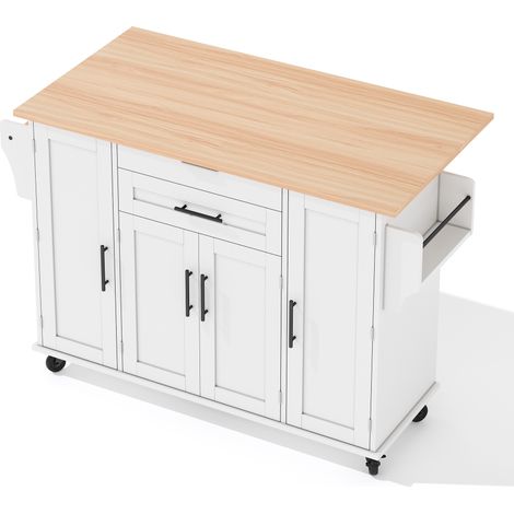 Isla de cocina móvil de MDF blanco y natural 136 x 70 x 92 cm con tablero extensible (1/5)