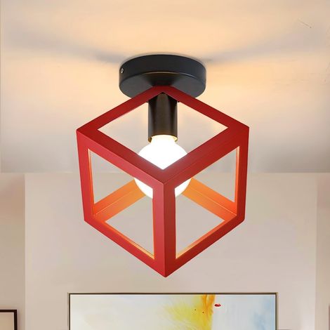 Plafonnier Luminaire Moderne Lustre Forme Cage Lampe de Plafon Vintage Abat-jour de Style Géométrique en Métal E27 Éclairage pour Chambre Salon Restaurant, Forme de Cube,16CM, Rouge (1/5)
