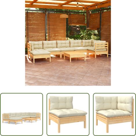 Terrassensofa - 8-tlg. Garten-Lounge-Set mit Creme Kissen Massivholz Kiefer (1/5)