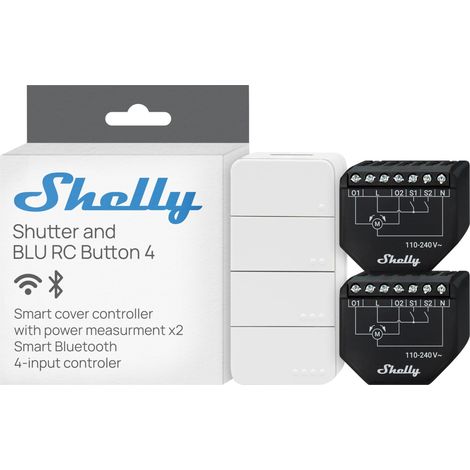 SHELLY SHUTTER ET SHELLY BLU RC BUTTON 4 - DEUX MODULES INTERRUPTEUR VOLET ROULANT CONNECTÉ AVEC TÉLÉCOMMANDE, 110-240 V, 4A, ME