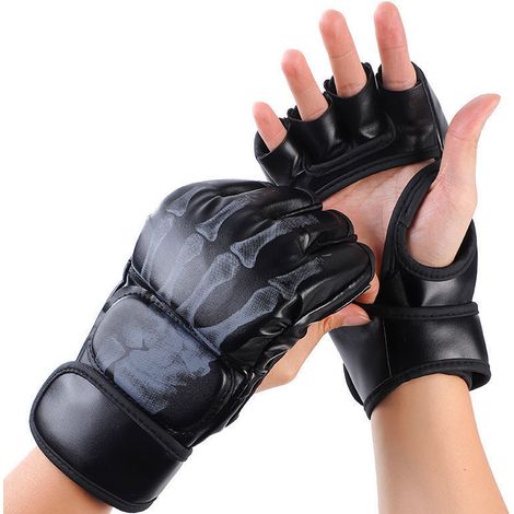 Gants de boxe demi-doigts en cuir PU, style fantôme, pour le MMA, le Muay Thaï et les sacs de frappe (noirs). (1/5)