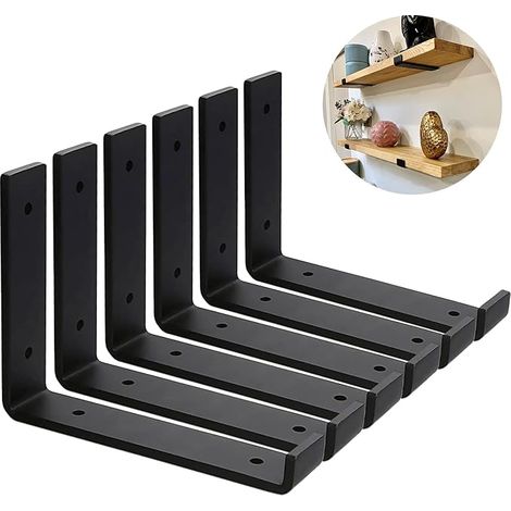 Pack of 6 Heavy Duty 5mm Thick Scaffolding Wall Bracket - Wall Shelf Brackets - Black Industrial Shelf Brackets with Matching Screws (20cm) (1/5)