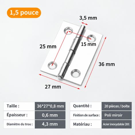 Charnière plate en acier inoxydable 1,5 pouce 4 trous 36x27 mm 1.5 4 08 36 110 g – Livraison gratuite