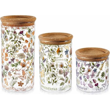 Barattoli alimentari in vetro con stampe a fiori / erbe e coperchio in legno, Grande: Ø 10 cm x 21 H